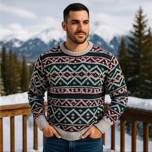 Exchange Unlimited MensVintage 90s Fair Isle Sweater L Ski Lodge USA Knit Nordic